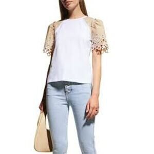 Veronica Beard Briana Embroidered Short-Puffed Sleeve Tee White & Light Khaki M